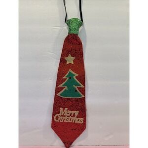 Elastic Neck Loop Christmas Tie 16" Glitter Reindeer Merry Christmas Red